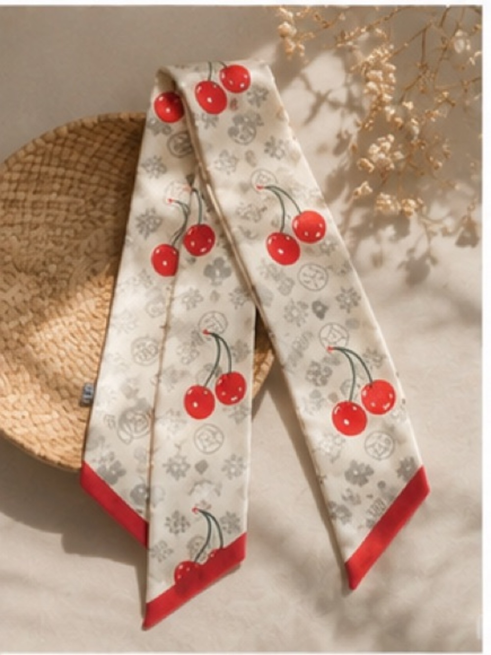 Ivory Cherry Print Skinny Twilly Scarf Hair Scarf Neck Tie Purse Ribbon